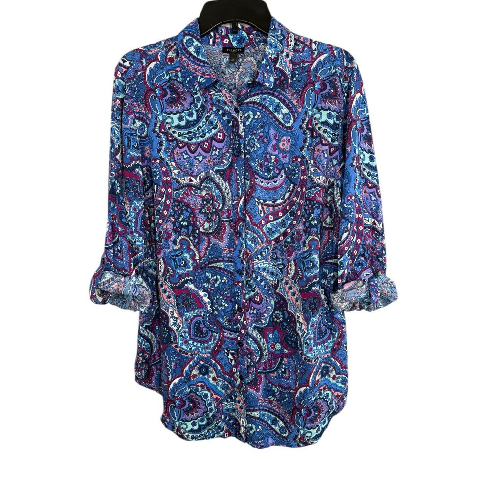 Talbots Womens Floral Button Up Tunic Top Sz M Boho Office Career Modest Light